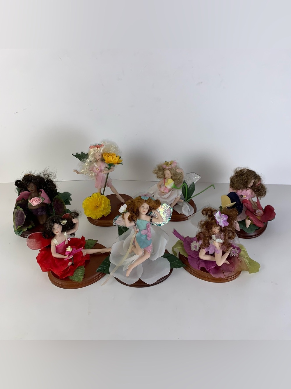 VTG Figurine Fairy Flowers Porcelain w/Wood Bases Paradise Galleries Lot of 7